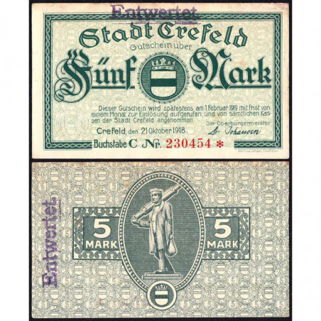 Allemagne - Notgeld - Crefeld - 5 mark - Série C - 21/10/1918 - Sans valeur - Etat : SUP+