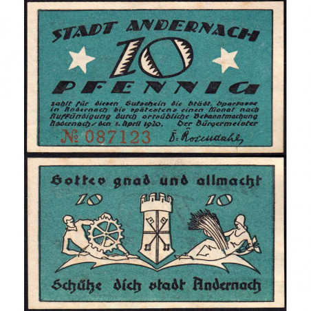 Allemagne - Notgeld - Andernach - 10 pfennig - 01/04/1920 - Etat : TTB