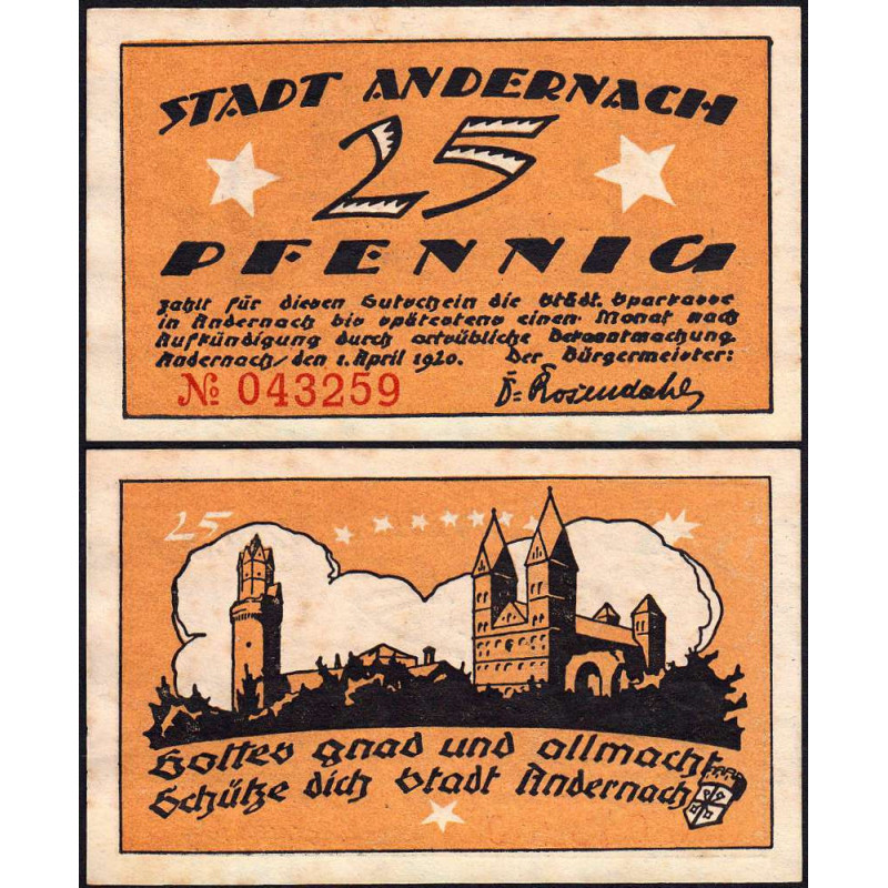 Allemagne - Notgeld - Andernach - 25 pfennig - 01/04/1920 - Etat : TTB