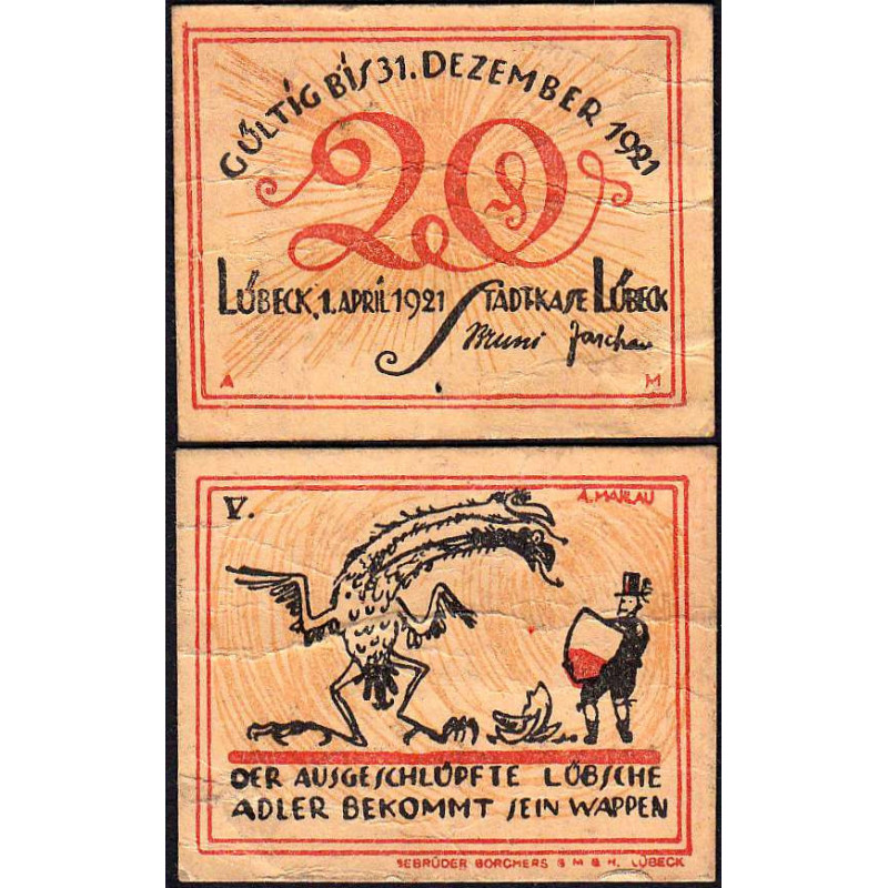 Allemagne - Notgeld - Lübeck - 20 pfennig - Type 5 - Série V - 01/04/1921 - Etat : TB+