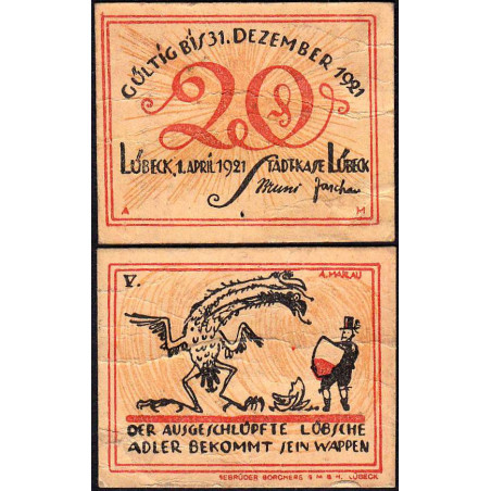 Allemagne - Notgeld - Lübeck - 20 pfennig - Type 5 - Série V - 01/04/1921 - Etat : TB+