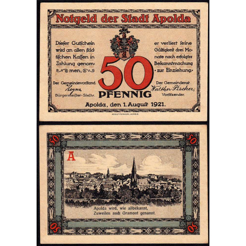 Allemagne - Notgeld - Apolda - 50 pfennig - Série A - 01/08/1921 - Etat : SUP