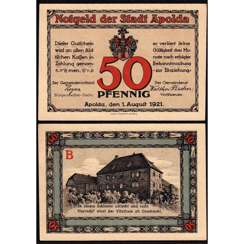 Allemagne - Notgeld - Apolda - 50 pfennig - Série B - 01/08/1921 - Etat : SUP