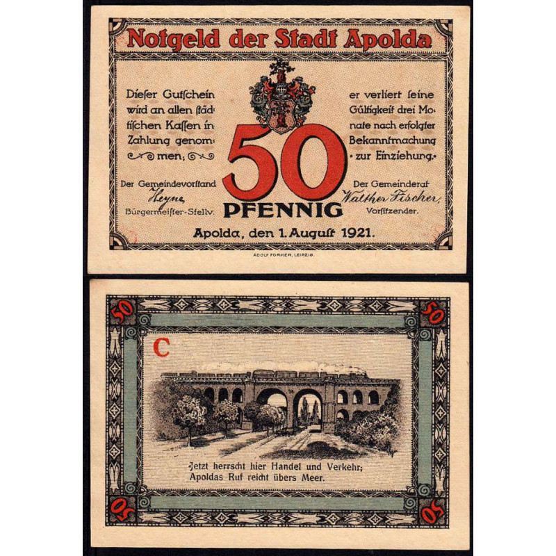 Allemagne - Notgeld - Apolda - 50 pfennig - Série C - 01/08/1921 - Etat : SUP