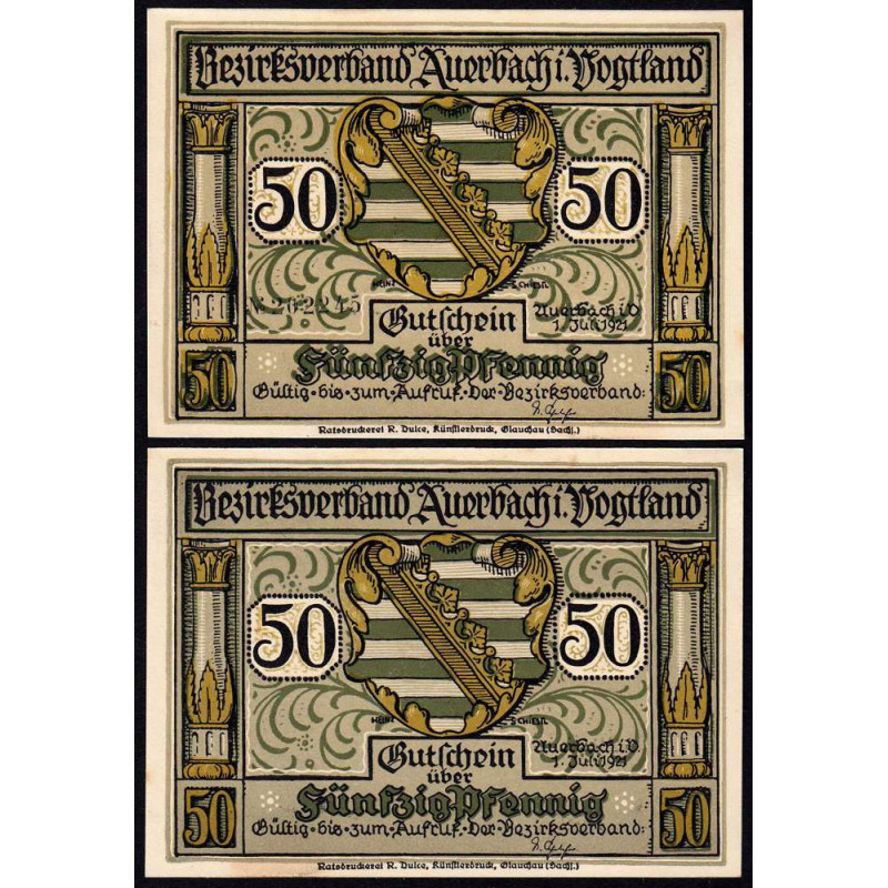 Allemagne - Notgeld - Auerbach - 50 pfennig - Sans illustration - Type a - 01/07/1921 - Etat : SPL