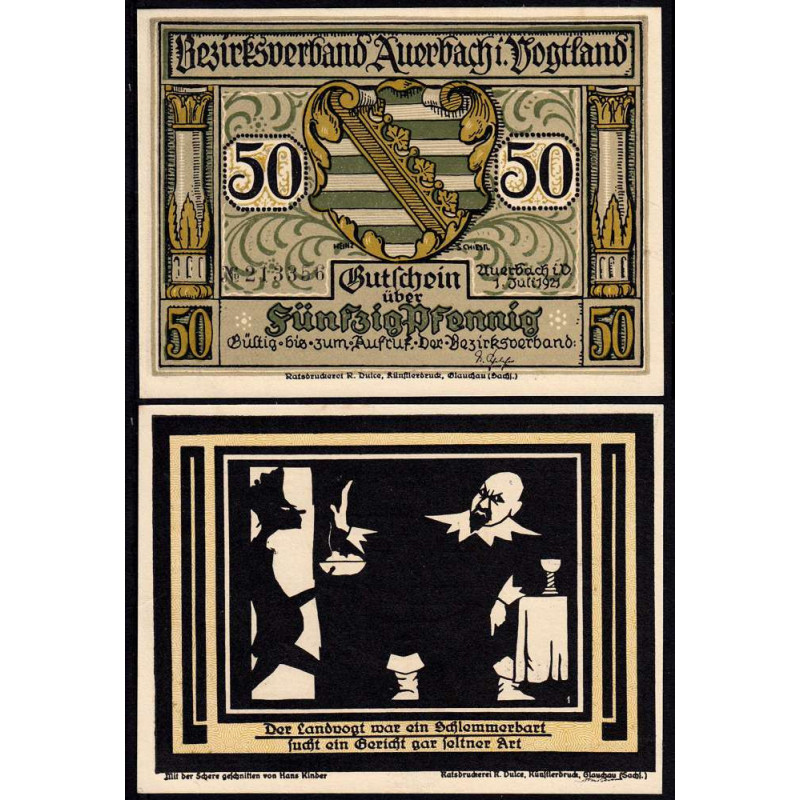 Allemagne - Notgeld - Auerbach - 50 pfennig - Illustration 1 - Type a - 01/07/1921 - Etat : SPL