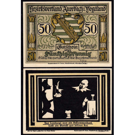 Allemagne - Notgeld - Auerbach - 50 pfennig - Type 2a - Numéro 1 - 01/07/1921 - Etat : SPL