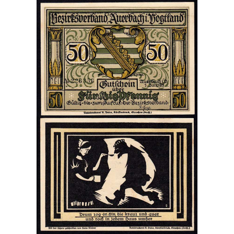 Allemagne - Notgeld - Auerbach - 50 pfennig - Illustration 2 - Type a - 01/07/1921 - Etat : SPL