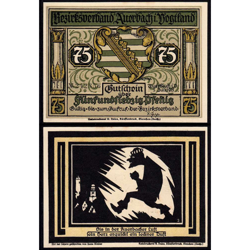 Allemagne - Notgeld - Auerbach - 75 pfennig - Type 1a - Numéro 3 - 01/07/1921 - Etat : SPL