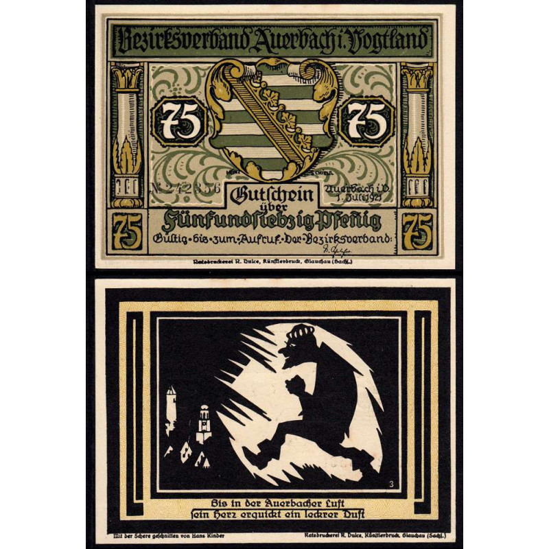 Allemagne - Notgeld - Auerbach - 75 pfennig - Illustration 3 - Type a - 01/07/1921 - Etat : SPL