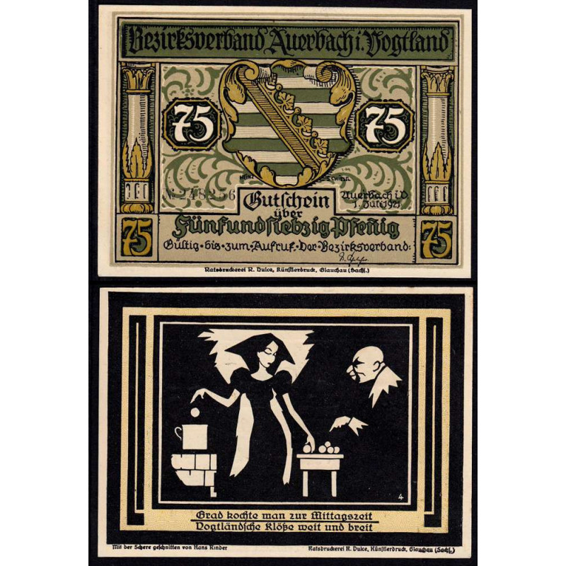 Allemagne - Notgeld - Auerbach - 75 pfennig - Illustration 4 - Type a - 01/07/1921 - Etat : SPL
