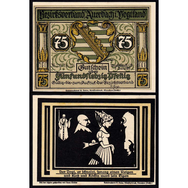 Allemagne - Notgeld - Auerbach - 75 pfennig - Illustration 5 - Type a - 01/07/1921 - Etat : SPL