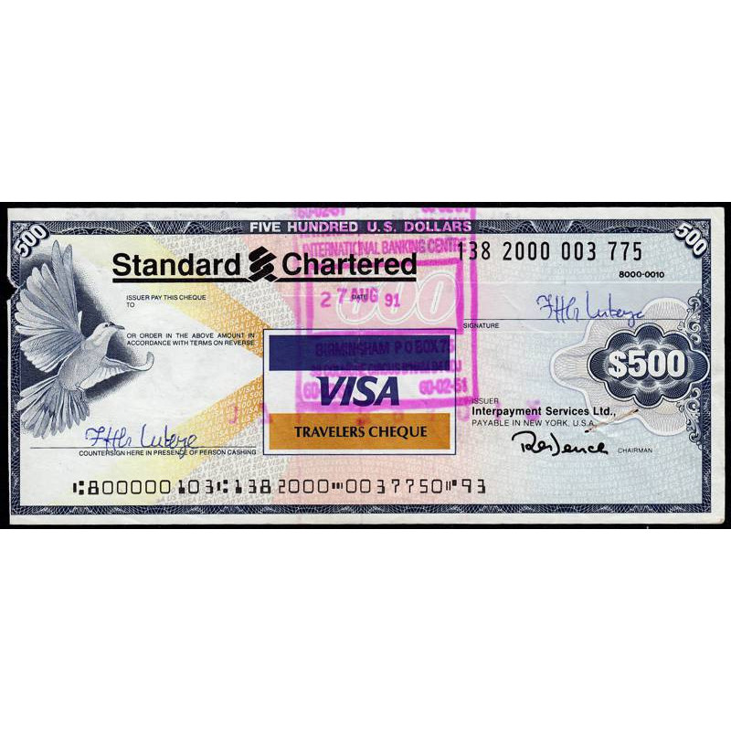 Grande-Bretagne - Chèque Voyage - Standard Chartered - 500 dollars - 1991 - Etat : TB+