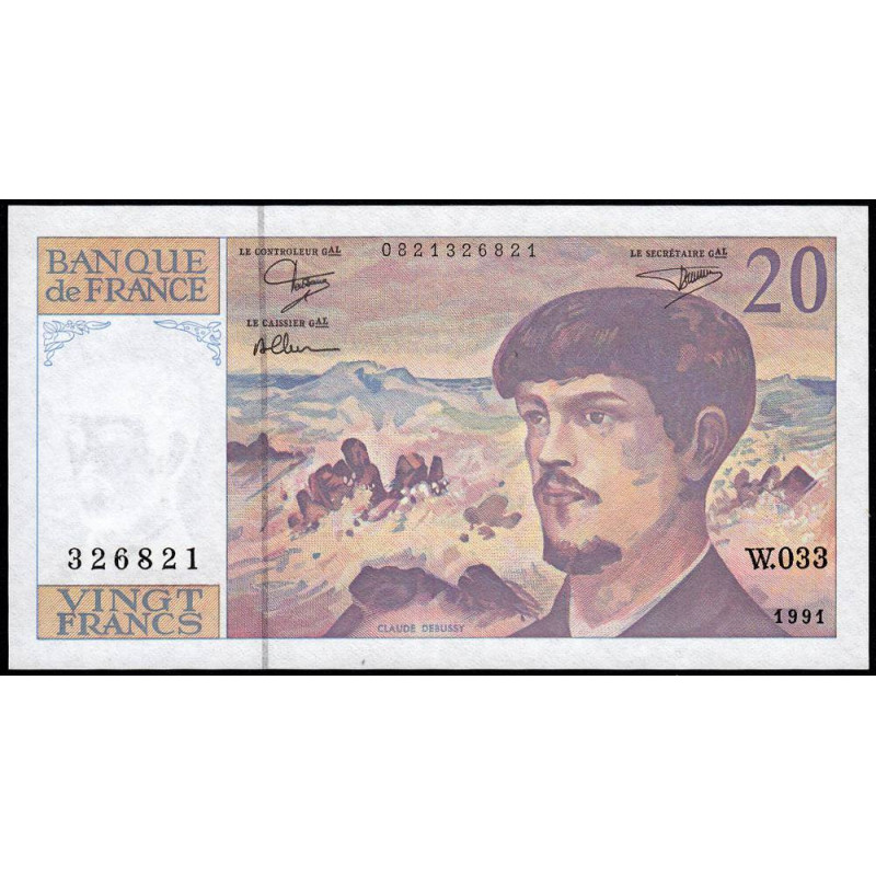 F 66bis-02 - 1991 - 20 francs - Debussy - Série W.033 - Remplacement - Etat : SUP