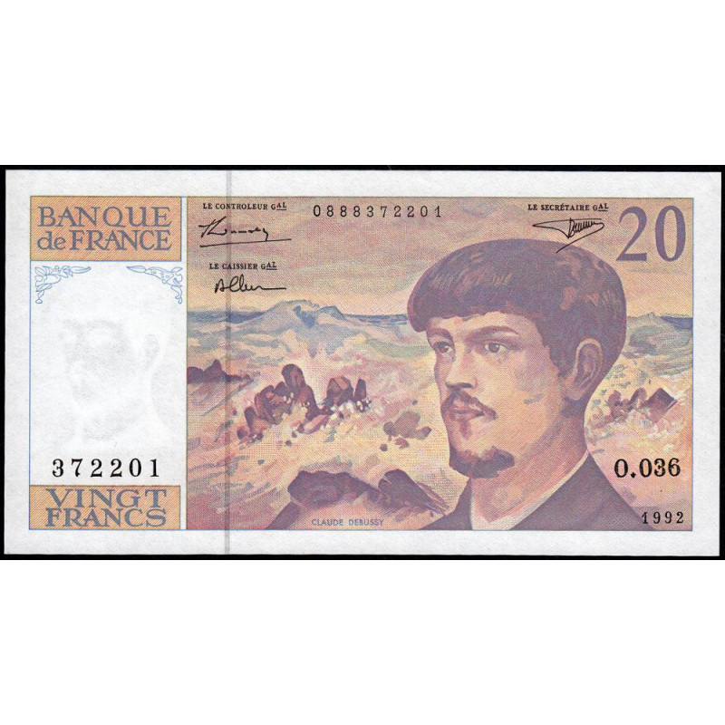 F 66bis-03 - 1992 - 20 francs - Debussy - Série O.036 - Etat : SPL