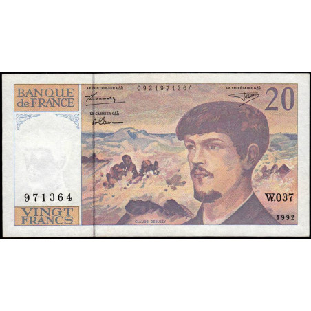 F 66bis-03 - 1992 - 20 francs - Debussy - Série W.037 - Remplacement - Etat : TTB