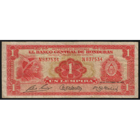 Honduras - Pick 45b - 1 lempira - Série N - 28/12/1951 - Etat : TB-