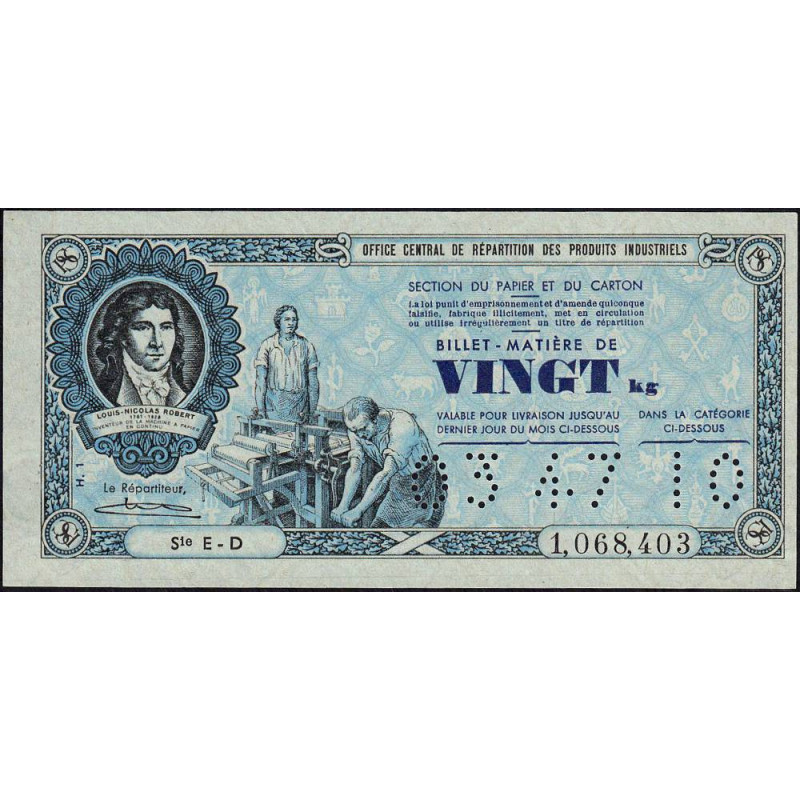 20 kg Papiers et cartons en l'état - 03/1947 - Code IO - Série ED - Etat : SPL