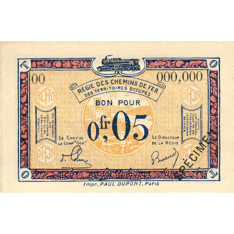 Allemagne - R.C.F.T.O. - Pirot 135-1 - Spécimen - 5 centimes - 1923 - Etat : NEUF