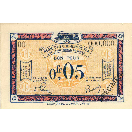 Allemagne - R.C.F.T.O. - Pirot 135-1 - Spécimen - 5 centimes - 1923 - Etat : NEUF
