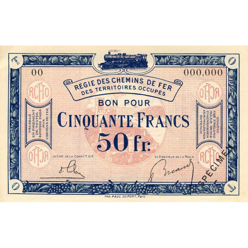 Allemagne - R.C.F.T.O. - Pirot 135-9 - Spécimen - 50 francs - 1923 - Etat : NEUF