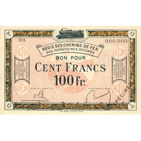 Allemagne - R.C.F.T.O. - Pirot 135-10 - Spécimen - 100 francs - 1923 - Etat : NEUF