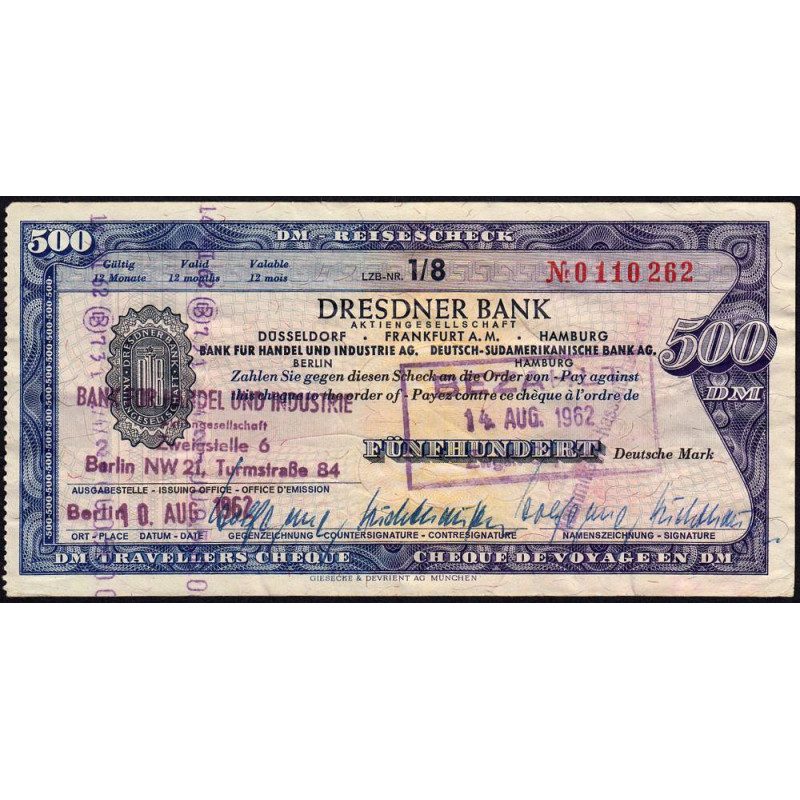 Allemagne RFA - Chèque Voyage - Dresdner Bank - 500 DM - 1962 - Etat : TTB-