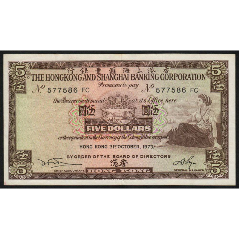 Hong Kong - HSBC - Pick 181f_1 - 5 dollars - Série FC - 31/10/1973 - Etat : TTB