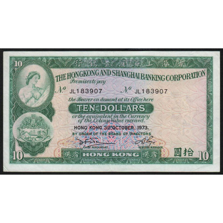 Hong Kong - HSBC - Pick 182g_5 - 10 dollars - Série JL - 31/10/1973 - Etat : TTB+