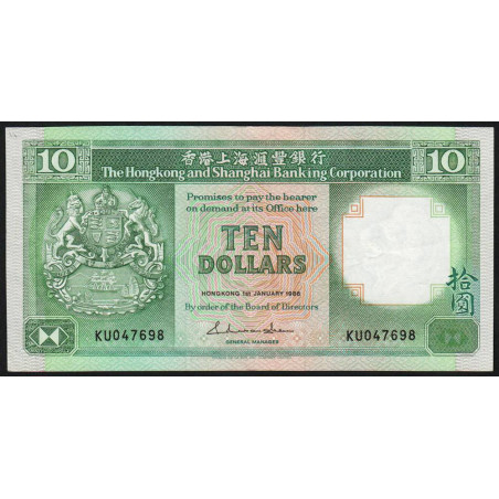 Hong Kong - HSBC - Pick 191a_2 - 10 dollars - Série KU - 01/01/1986 - Etat : TTB