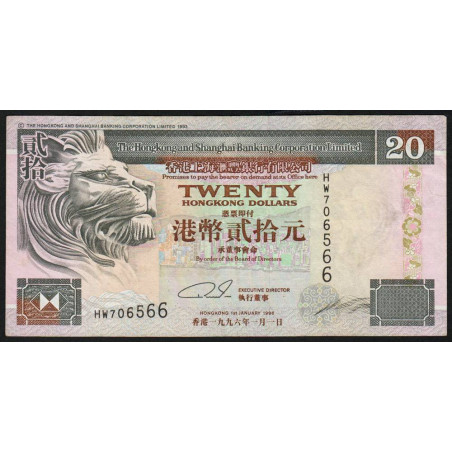 Hong Kong - HSBC Limited - Pick 201b_2 - 20 dollars - Série HW - 01/01/1996 - Etat : TTB+