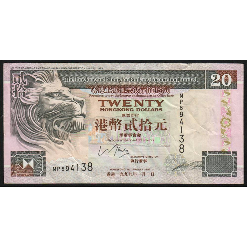 Hong Kong - HSBC Limited - Pick 201d_2 - 20 dollars - Série MP - 01/01/1999 - Etat : TB+