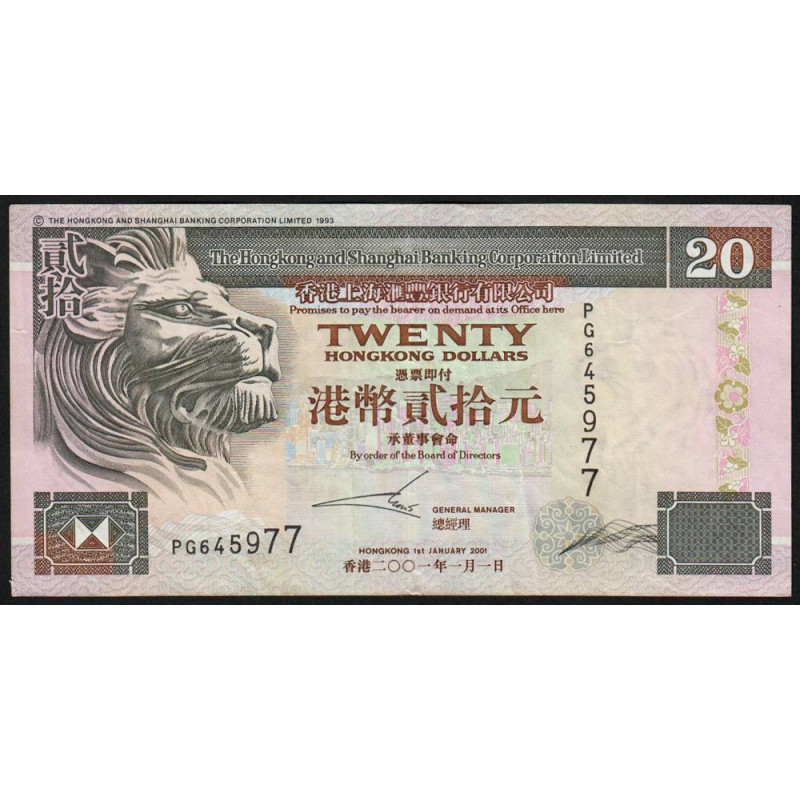 Hong Kong - HSBC Limited - Pick 201d_4 - 20 dollars - Série PG - 01/01/2001 - Etat : TTB-