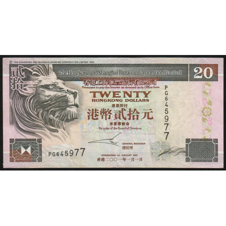 Hong Kong - HSBC Limited - Pick 201d_4 - 20 dollars - Série PG - 01/01/2001 - Etat : TTB-