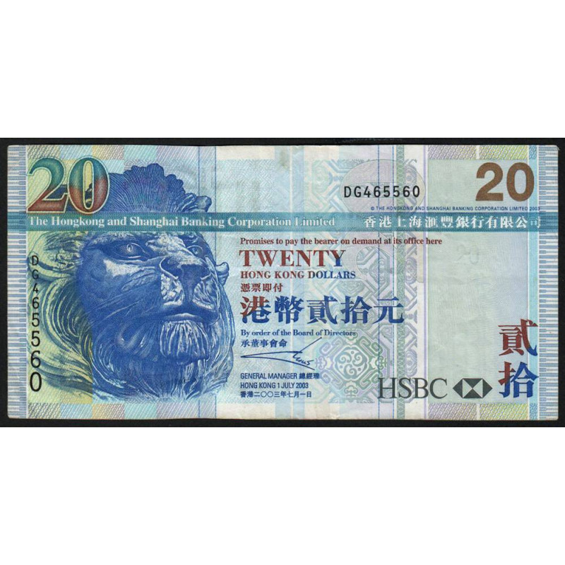 Hong Kong - HSBC Limited - Pick 207a - 20 dollars - Série DG - 01/07/2003 - Etat : TTB