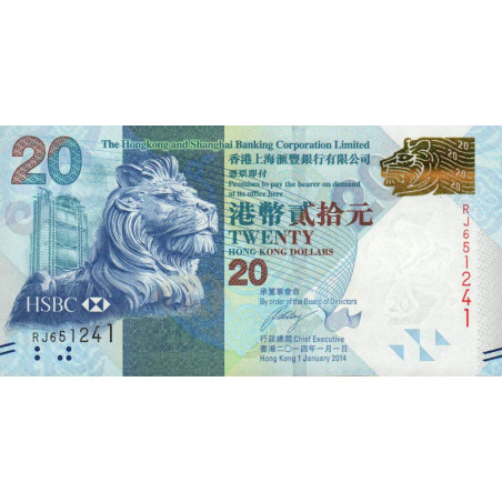 Hong Kong - HSBC Limited - Pick 212d - 20 dollars - Série RJ - 01/01/2014 - Etat : NEUF