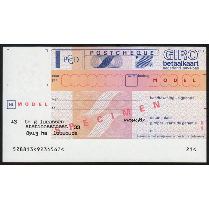Hollande - Postchèque spécimen - 1980 - Etat : NEUF