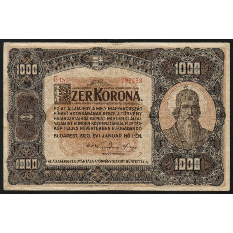 Hongrie - Pick 66 - 1'000 korona - Série B 15 - 01/01/1920 - Etat : TB+