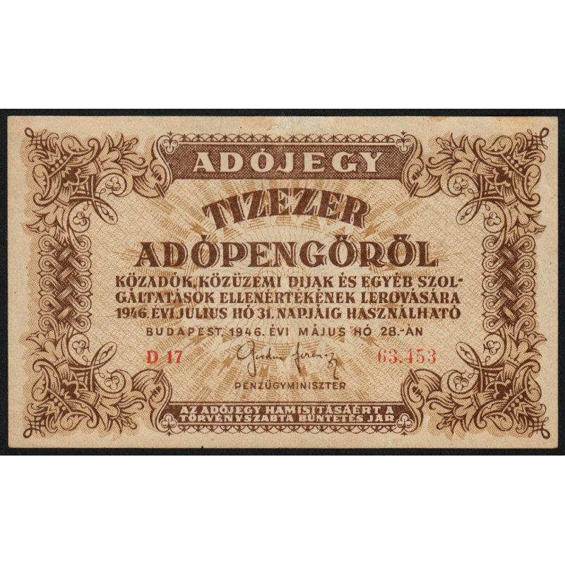Hongrie - Pick 143a - 10'000 adopengö - Série D 17 - 28/05/1946 - Etat : TTB