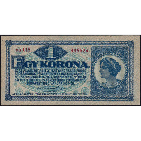 Hongrie - Pick 57 - 1 korona - Série aa 018 - 01/01/1920 - Etat : NEUF