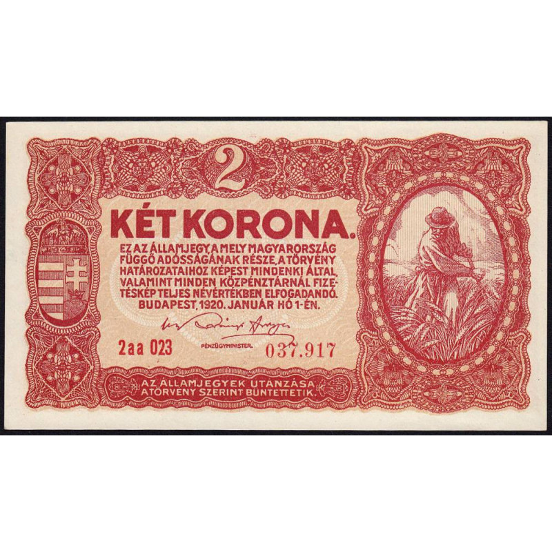 Hongrie - Pick 58_1 - 2 korona - Série 2aa 023 - 01/01/1920 - Etat : NEUF