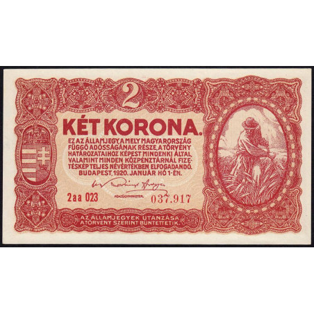 Hongrie - Pick 58_1 - 2 korona - Série 2aa 023 - 01/01/1920 - Etat : NEUF