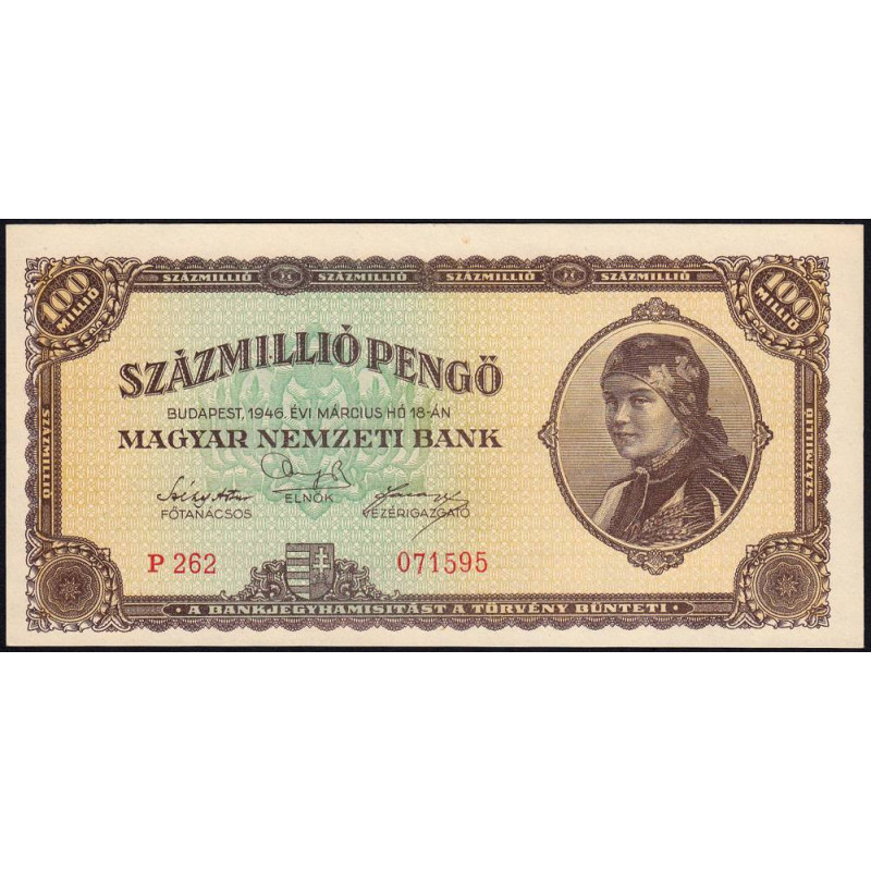 Hongrie - Pick 124 - 100'000'000 pengö - Série P 262 - 18/03/1946 - Etat : NEUF