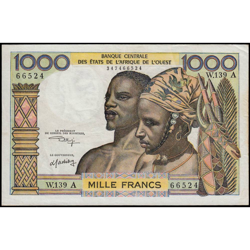 Côte d'Ivoire - Pick 103Ak - 1'000 francs - Série W.139 (remplacement) - Sans date (1975) - Etat : SUP-