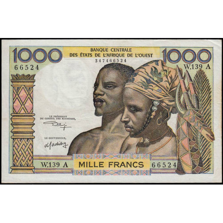 Côte d'Ivoire - Pick 103Ak - 1'000 francs - Série W.139 (remplacement) - Sans date (1975) - Etat : SUP-