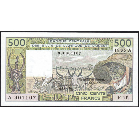 Côte d'Ivoire - Pick 106Aj - 500 francs - Série F.16 - 1986 - Etat : NEUF