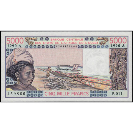 Côte d'Ivoire - Pick 108Aq - 5'000 francs - Série P.011 - 1990 - Etat : NEUF