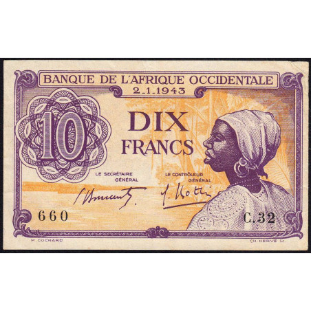 AOF - Pick 29 - 10 francs - 02/01/1943 - Etat : SUP