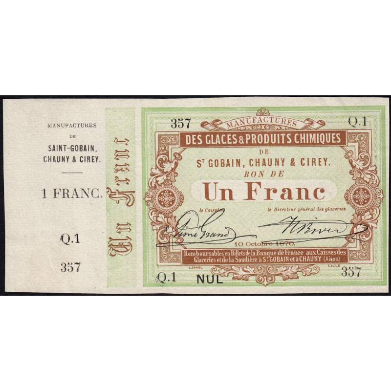 Saint-Gobain - Manufactures des Glaces - Jer 02.17A - 1 franc - 10/10/1870 - Etat : SPL