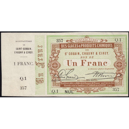 Saint-Gobain - Manufactures des Glaces - Jer 02.17A - 1 franc - 10/10/1870 - Etat : SPL